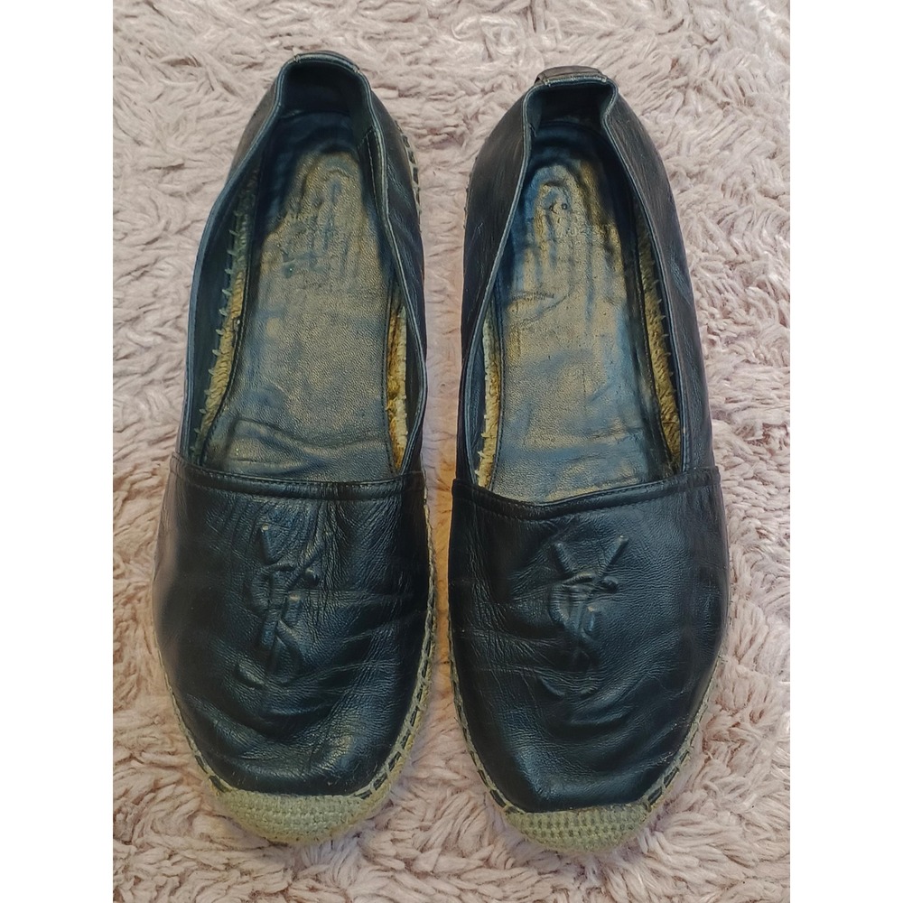 Saint Laurent Black Leather YSL Logo Espadrilles Flats‎ Slip On Shoes